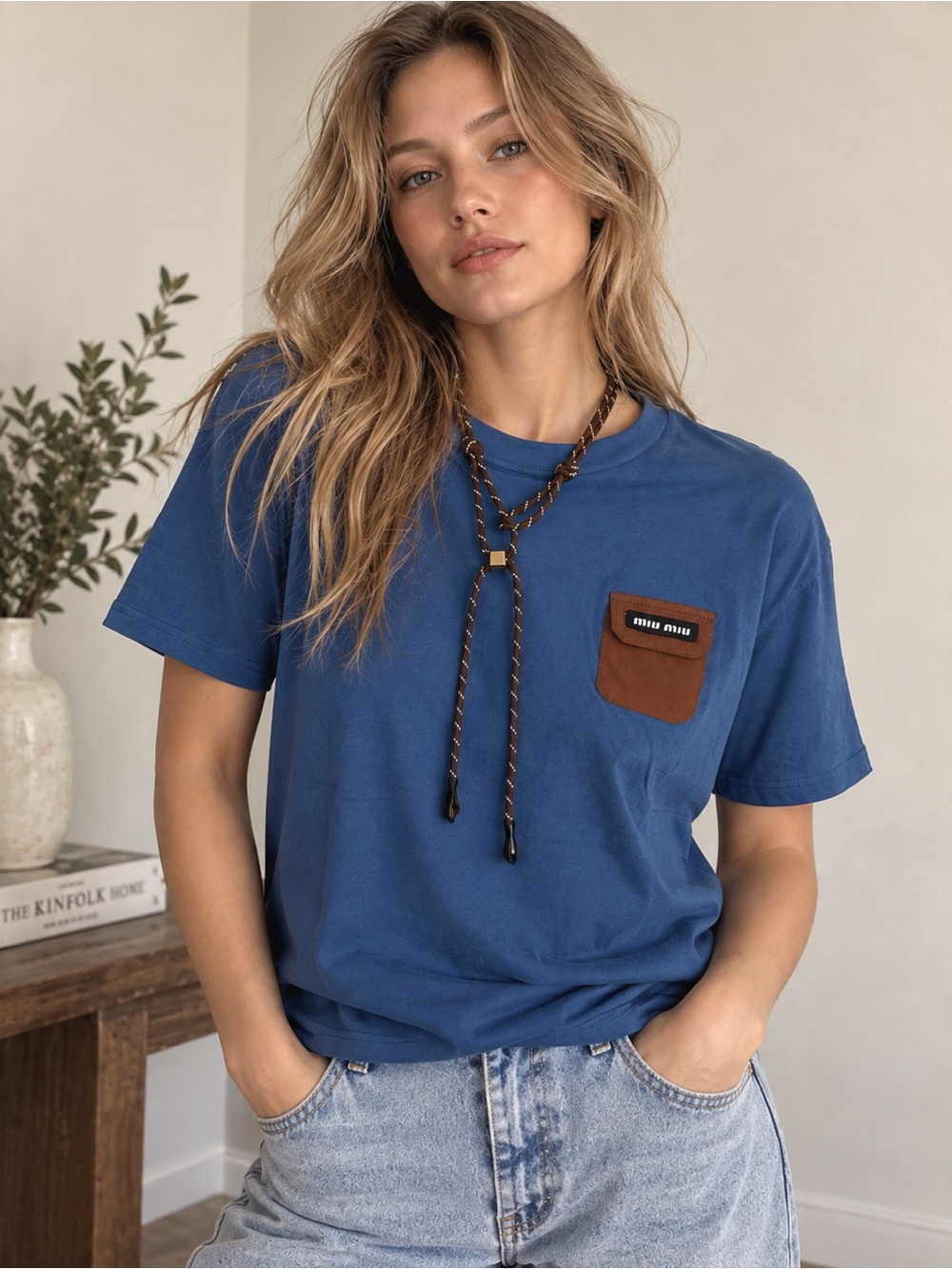 Blue Short-Sleeve Tee with Brown Contrast Pocket